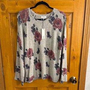 Lucky Brand Floral Knit Long Sleeved Sweater - Gray and Rose